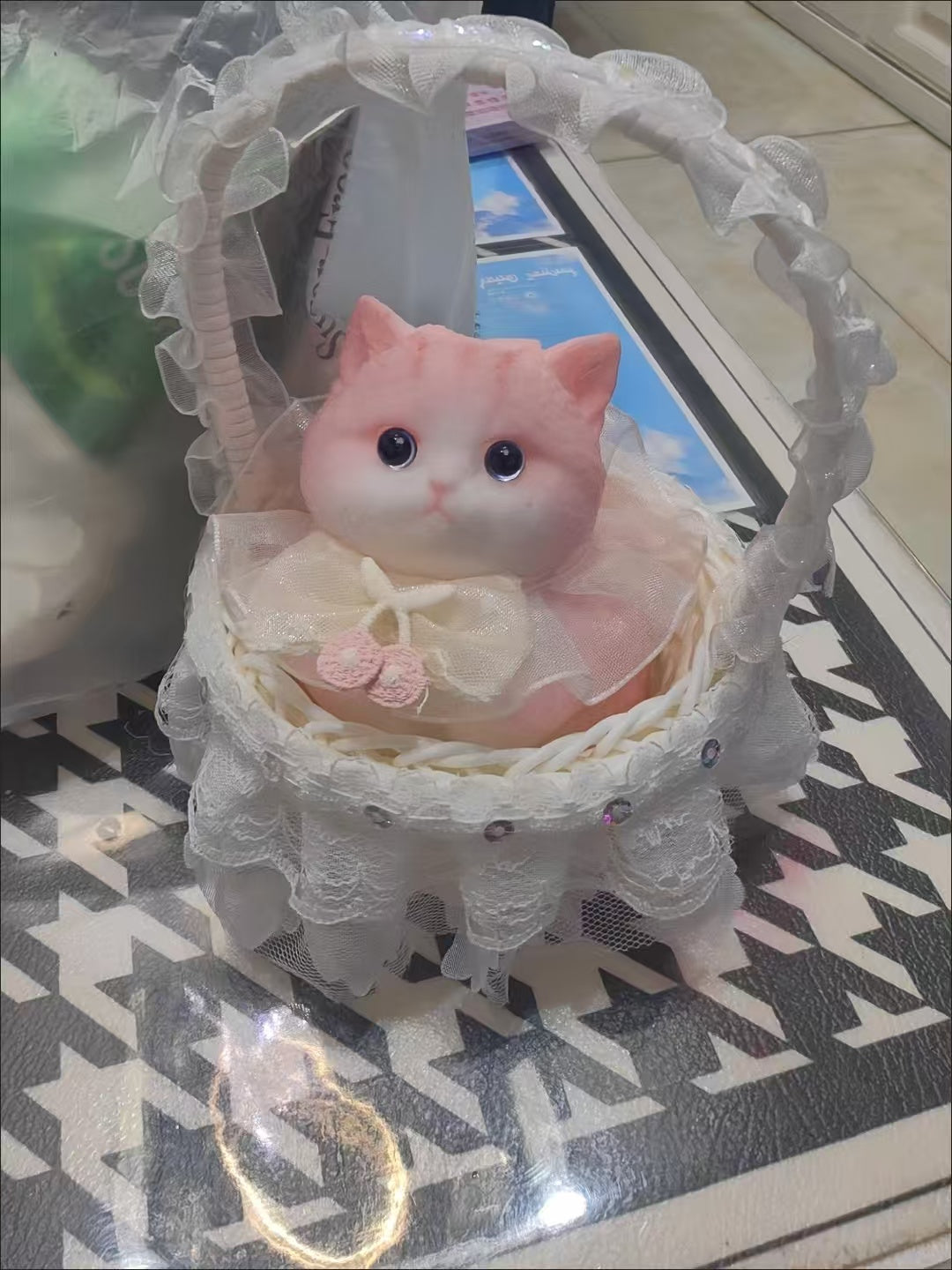 cute kitty squishy toy  with a basket